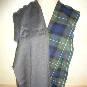 2 Scarves Grey Beaded Fringe Green Blue Plaid Wool